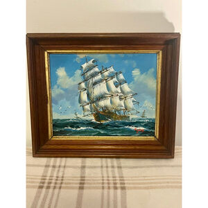 Vintage Oil Painting Clipper Ship at Sea Signed Rogers Framed Nautical Art